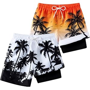 Kids4ever Boys Swim Trunks 2 Pack Boy Swim Shorts with Compression Liner | 7-14 Years Quick Dry Beach Shorts with Fun Printed