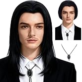 QACCF Mens 70s hippie Short Straight Black Vincent Vega Costume Wig with Widows Peak + 1 Bolo Tie