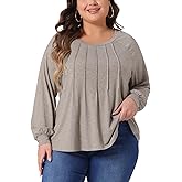 Agnes Orinda Plus Size Women's Tops Tunic Crew Neck Pleated Dressy Long Sleeve Shirts Casual Soft Blouse