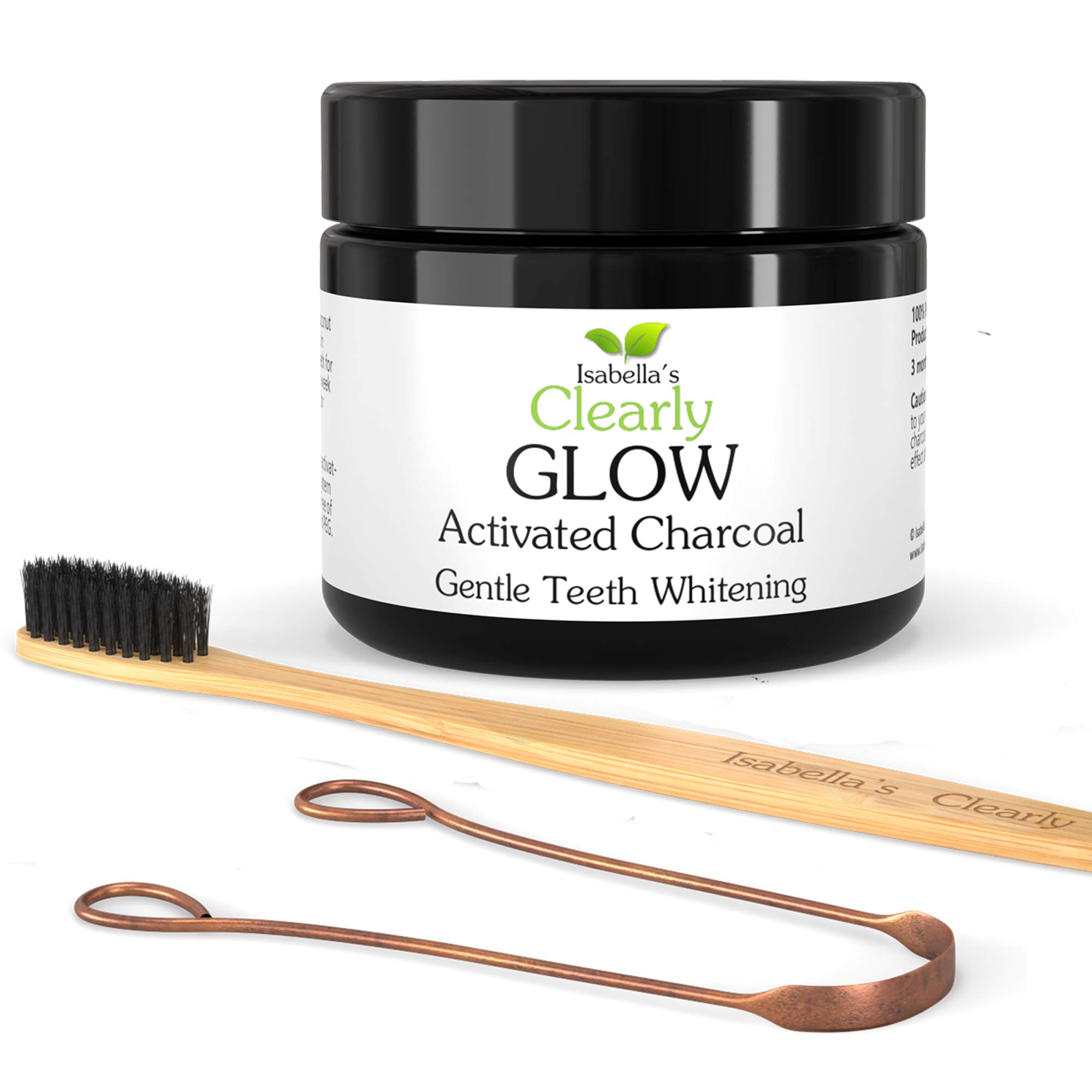 Clearly GLOW Teeth Whitening Kit (4 Piece) | Pure Food Grade Activated Charcoal Powder + Bamboo Ultra Soft Toothbrush + Copper Tongue Cleaner + Eco Friendly Gift Bag