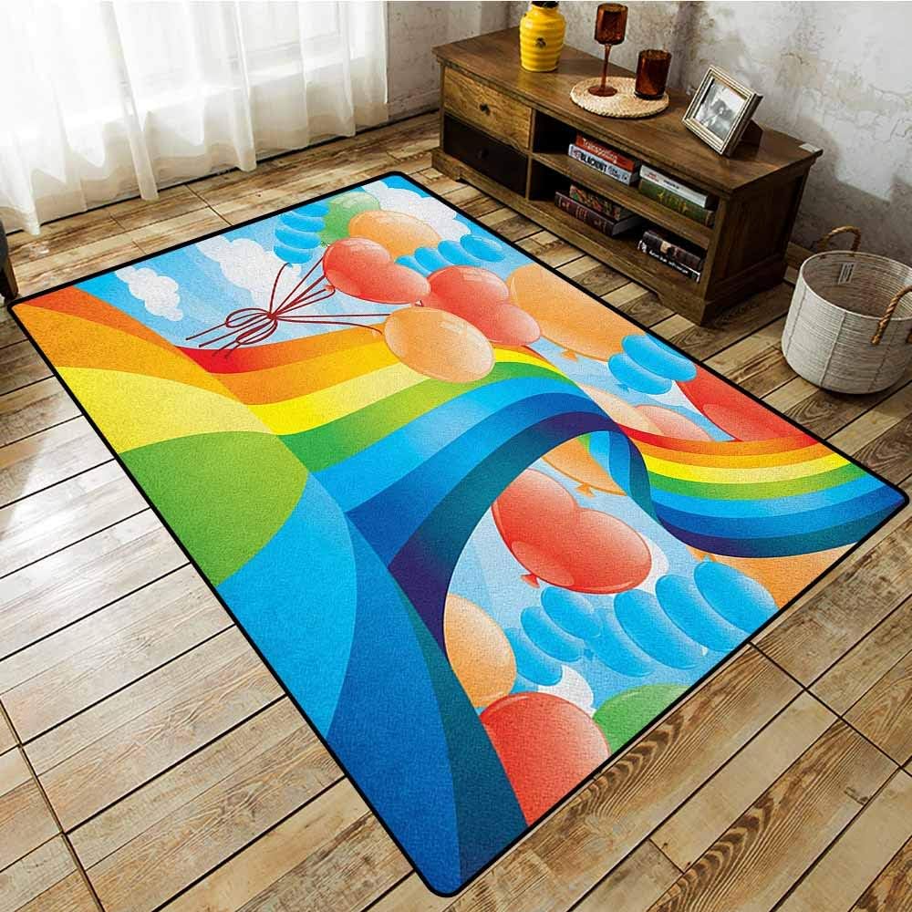 Rectangular Rug，Cartoon，Rainbow Sky with Balloons Hearts Colors Romantic Love Valentines Day Spring Theme，Anti-Slip Doormat Footpad Machine Washable Multicolor