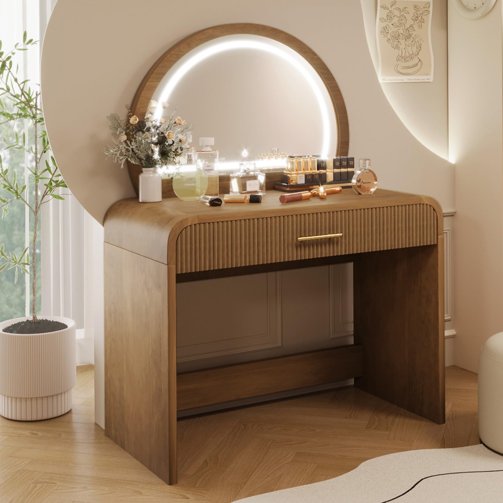 Photo 1 of (SEE NOTES BEFORE BEDDING) Merax 39" Make Up Vanity Desk with Touch Screen Lighted Mirror and Storage Drawer, Rubber Wood Girls Makeup Dresser Table for Bedroom, Dressing Room