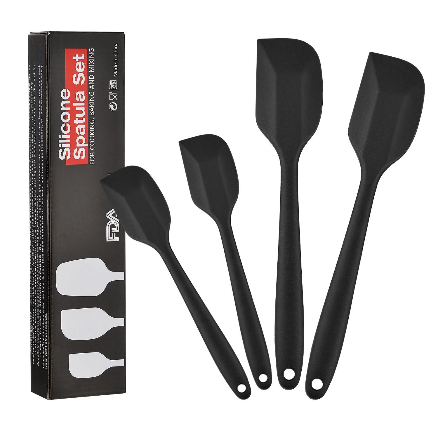 Silicone Spatula Set 4 Pieces,Cooking Baking Cake Pancake Cookie Egg Spatula, Kitchen Large Small Mixing Spatula (Black)