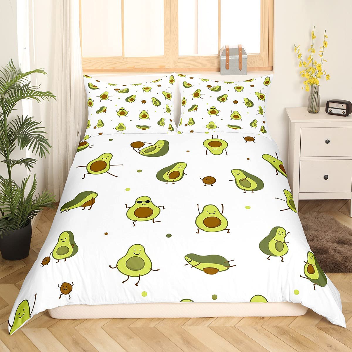 Loussiesd Cute Avocado Bedding Set for Girls Boys Kids Cartoon Sports Avocado Comforter Cover Set Kawaiiative Duvet Cover Lovely Fruit Bedding & Linen King Size 3Pcs Bedclothes