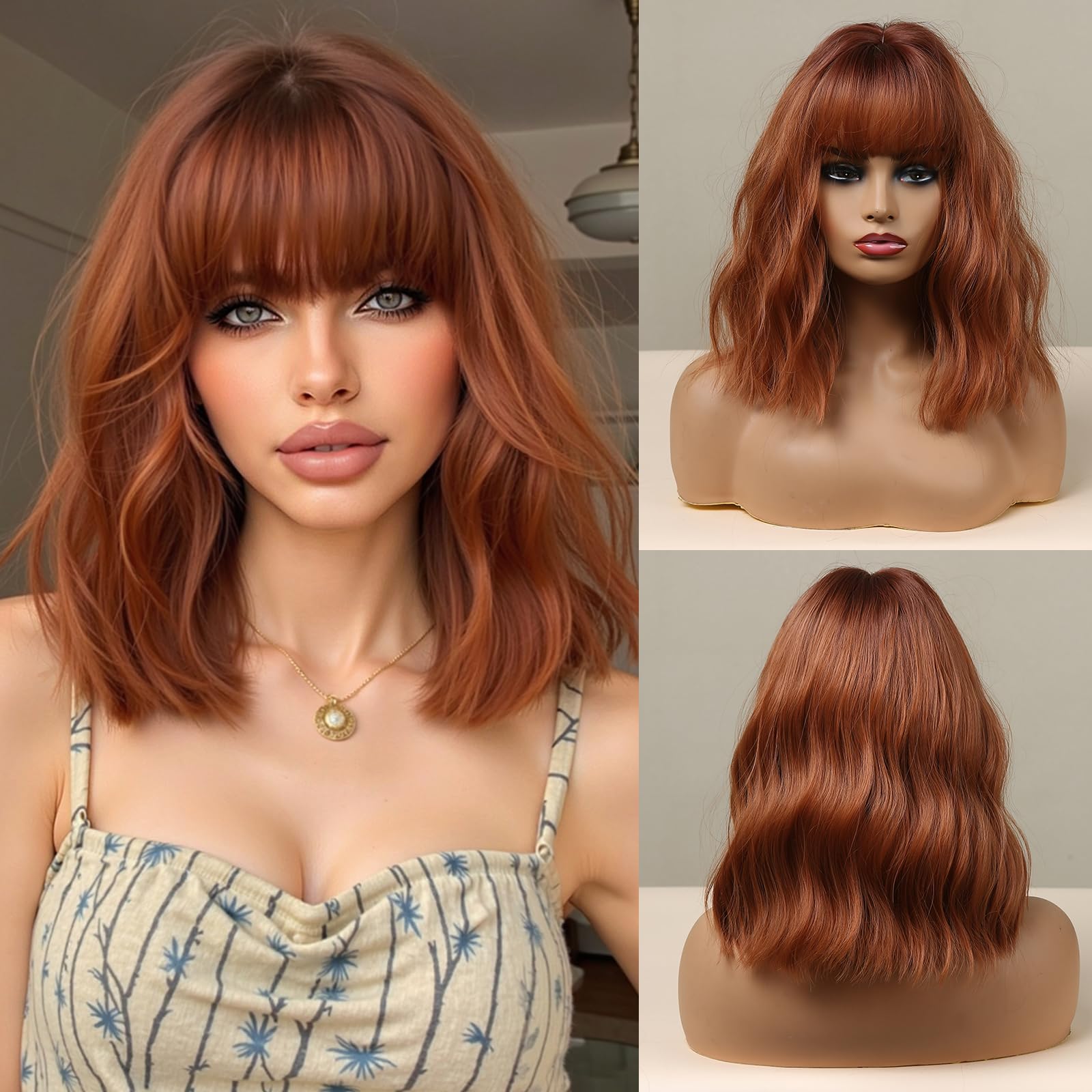 Photo 1 of Esmee 14 Inches Short Auburn Wig with Bangs for Women Natural Synthetic Hair Ombre Wig with Dark Roots Loose Wavy Wigs for Cosplay Daily Party Wear