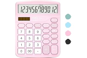 Calculator, Deli Standard Function Desktop Calculators with 12 Digit Large LCD Display and Sensitive Button, Solar Battery Dual Power Office Calculator, Pink