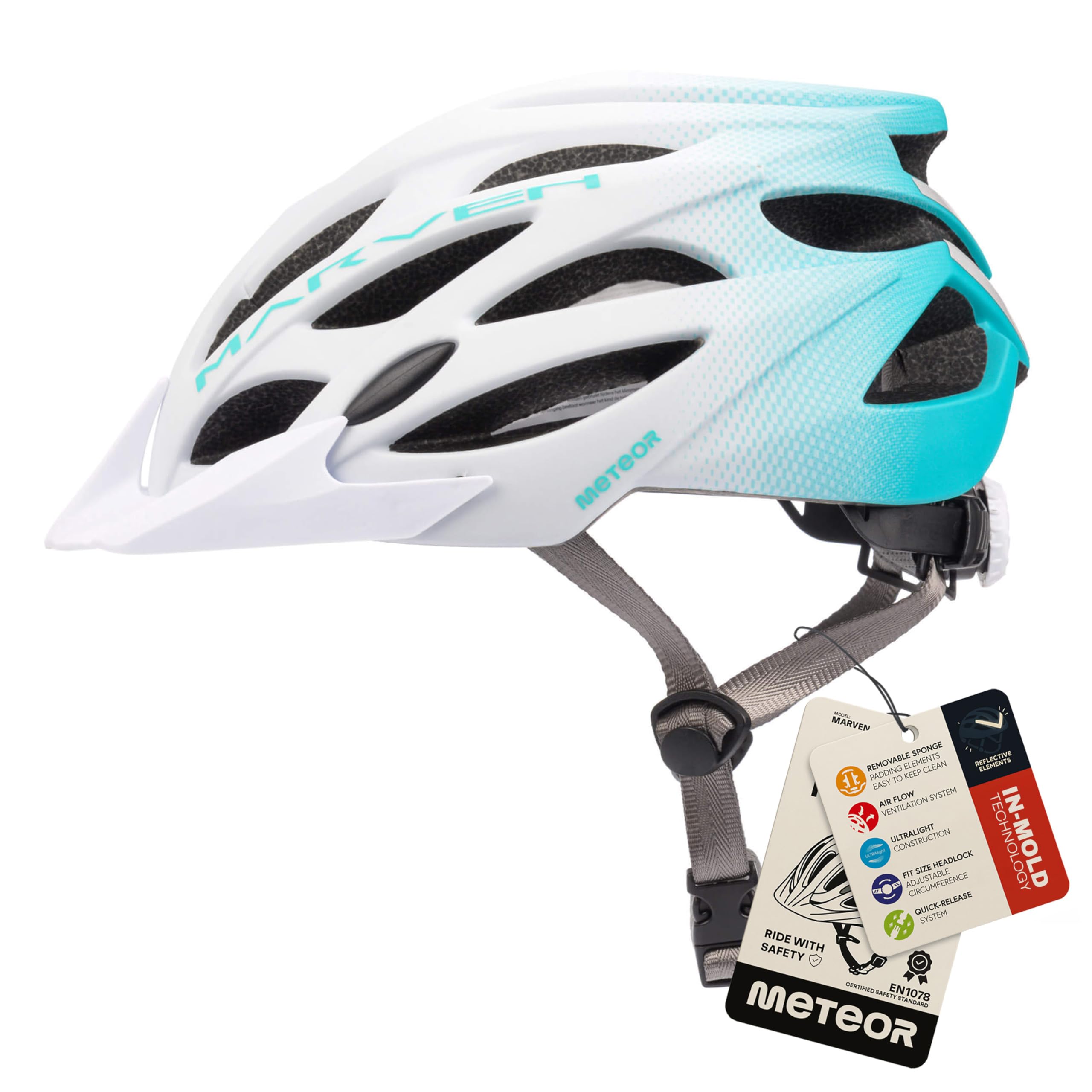 Meteor - MARVEN Cycle Helmet – Lightweight Adjustable Helmet for Men, Women, Kids – MTB, Bike, Scooter, Skateboard & Hoverboard – Breathable with Detachable Visor - Size S - White/Blue