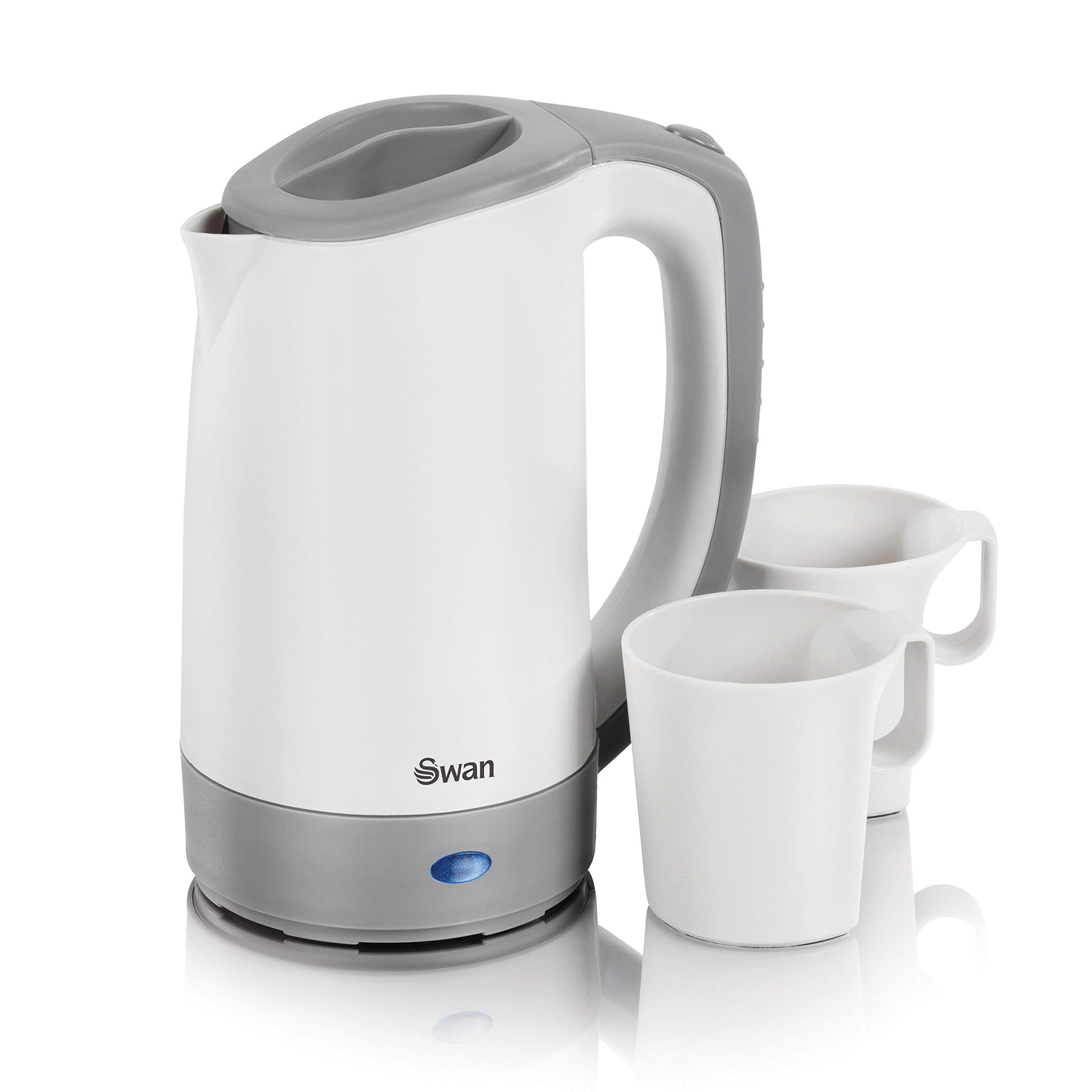 Swan SK19011N Dual Voltage Travel Kettle with Two Tea Cups, 0.5 Litre Capacity, 125-600 W, Lightweight, White/Grey