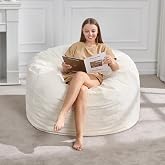 Hobestluk Adult Bean Bag Chair 3FT Large Lounger with Plush Cover, White | Memory Foam Filled, Removable and Washable Cover, Portable Handle, Relaxing, Reading, Medium, Skin-Friendly Plush Faux Fur