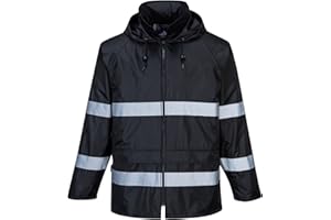 Portwest F440 Men's Hi Vis Waterproof Hooded Rain Jacket - Classic Iona Reflective Rain Coat Black, XX-Large