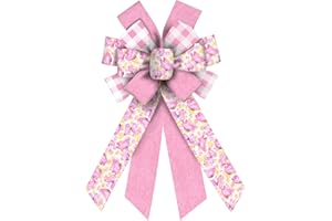 ABTOLS Large Spring Bows for Wreath, Pink Butterfly Wreath Bows Pink White Buffalo Plaid Bows for Front Door, Spring Floral Burlap Ornament Tree Topper Bows for Spring Indoor Outdoor Decor
