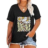 Robisomn Womens Plus Size Tops Boho Floral Short Sleeve V Neck T-Shirt Casual Summer Wildflower Graphic Tees