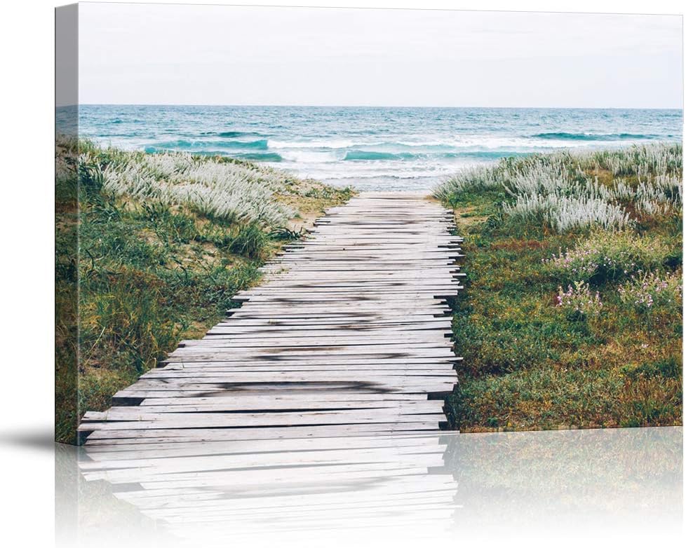 NWT Canvas Print Wall Art Woooden Plank Path on The Beach Marine Life Ocean Photography Modern Art Nautical Scenic Colorful Multicolor Ultra for Living Room, Bedroom, Office - 24"x36"