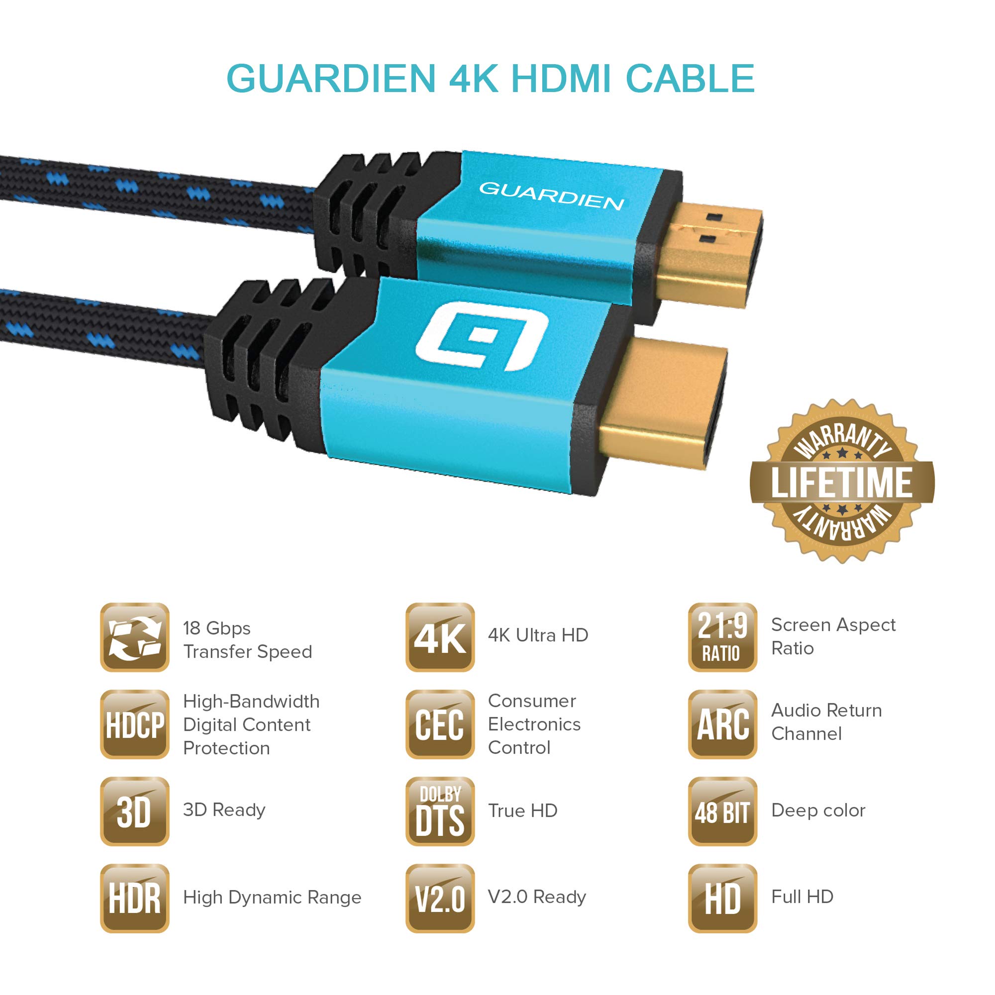 Guardian 0,6m HDMI Kabel / kompatibel mit HDMI 2.0a/b, 2.0, 1.4a (Ultra HD, 4K, 3D, Full HD, 1080p, HDR, ARC, Highspeed mit Ethernet)