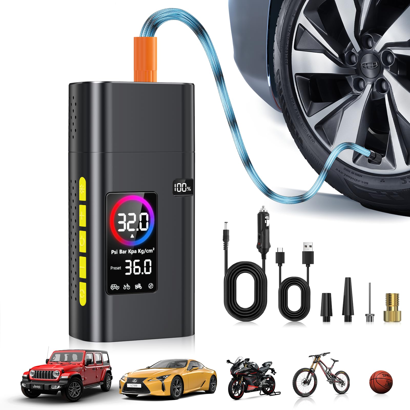 Photo 1 of 180PSI Tire Inflator Portable Air Compressor, 2600mAh Portable Tire Inflator for Car,5X Fast Electric Bike Air Pump with Digital LCD Pressure Gauge/LED Light/Power Bank, Bike, Motorcycle, Ball