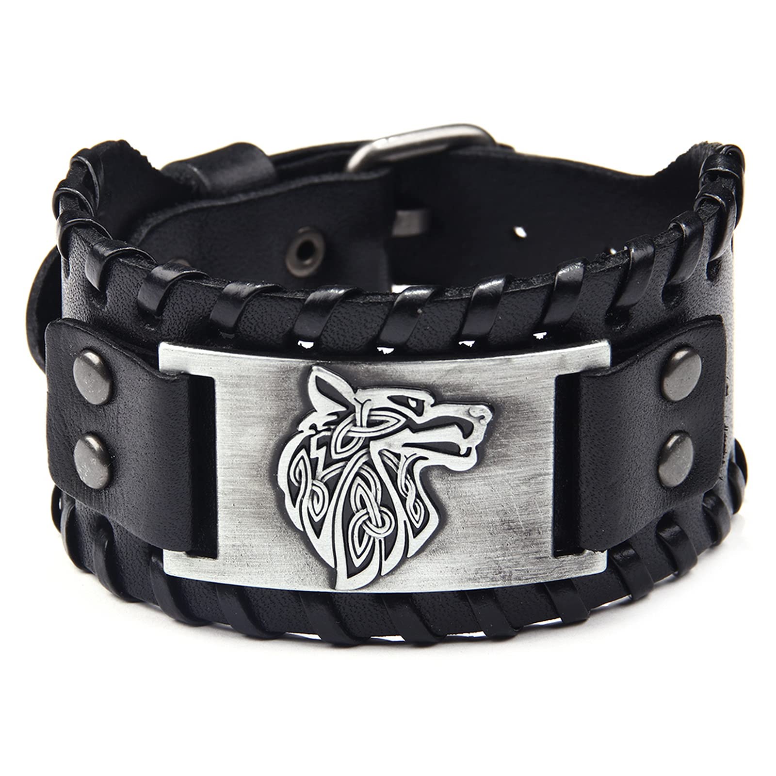 Thajaling Black Wide Leather bracelet Antique Silver Wolf Head Pattern Bangle Wristbands Vintage Cuff