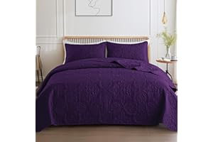 Whale Flotilla Soft Queen Quilt Bedding Set for All Seasons, Vintage Damask Ultrasonic Full Size Quilts Set, Lightweight Reversible Bedspread, Coverlet, Bed Cover with 2 Pillow Shams, Purple