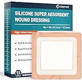Ceeport Silicone Super Absorbent Wound Dressings 5" x 5", Adhesive Border Bandages for Heavy Exudate, Leg Ulcers, Bed Sores, 10 Pack, 3.35" × 3.35" Absorbent core