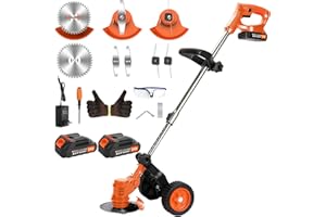 DNVEEY 3-in-1 Weed Wacker with Wheels, 24V/2.0Ah Battery Powered Weed Eater Cordless String Trimmer w/2 Battery & Charger, 3 Types Metal Blades, Folding Brush Cutter Grass Trimmer Lawn Edger for Garden Yard