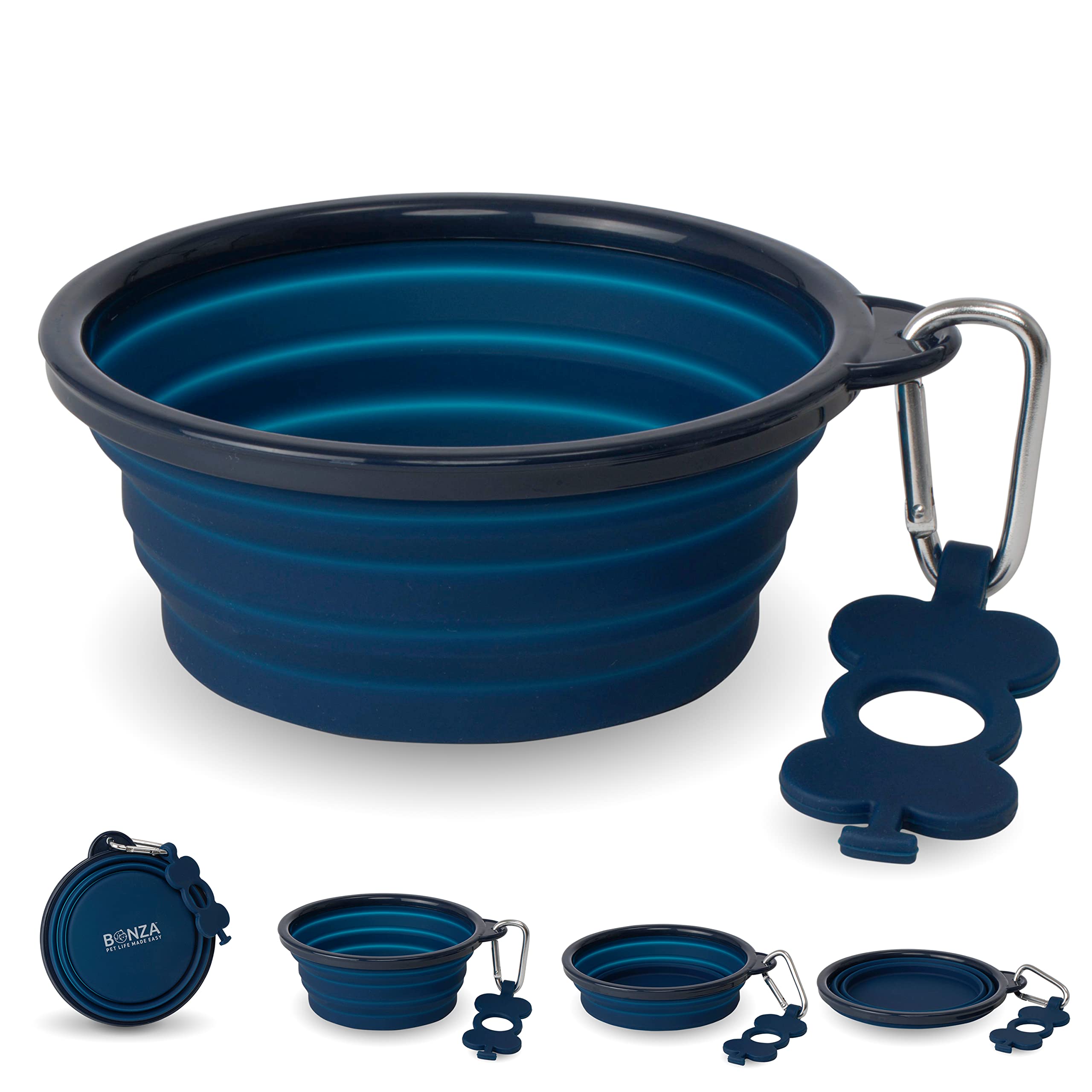 Bonza Medium Collapsible Dog Bowl 750 mL, Sturdy Reinforced Rim, Includes Carabiner & Water Bottle Holder Keychain, Navy