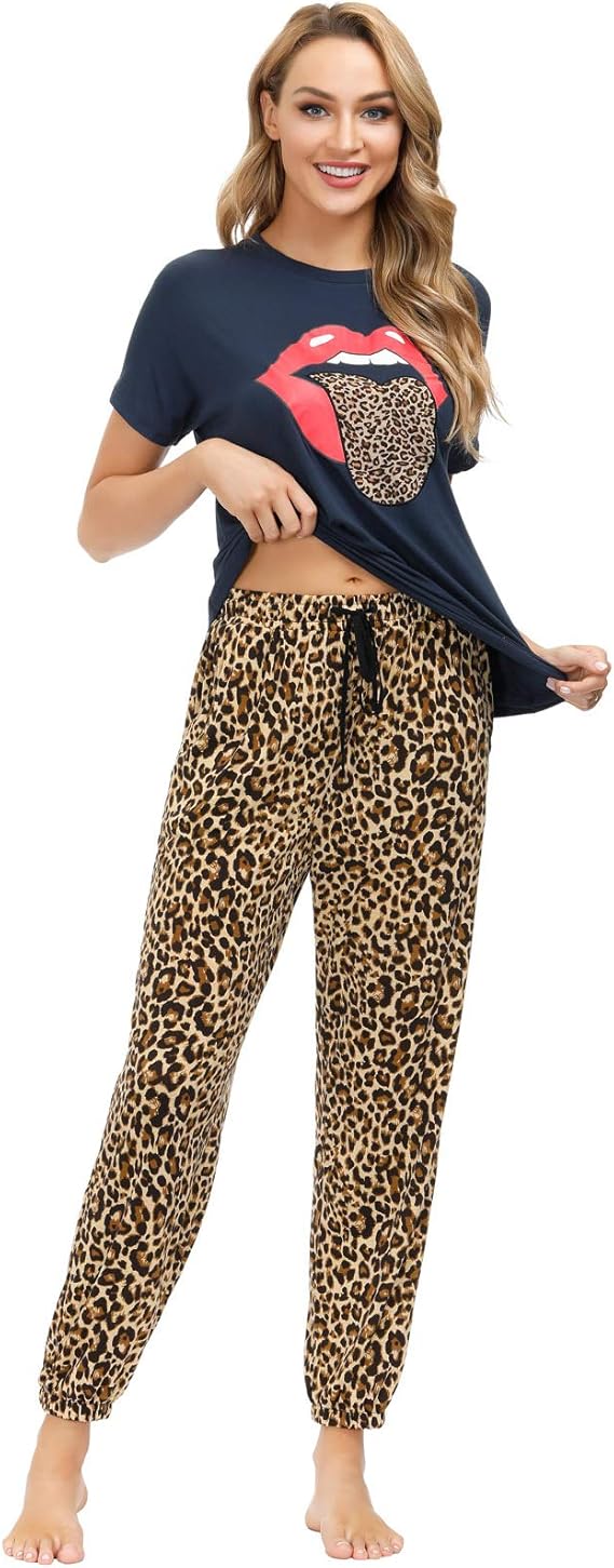 Zexxxy Women Pajamas Set Summer Nightwear Tops&Pants Leopard XL Amazon