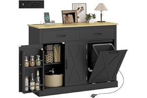 HOMCOM Tilt Out Trash Cabinet with Charging Station, Farmhouse Kitchen Island with Storage, Sideboard with 7 Gallon Hidden Ga