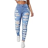 Floerns Women's Ripped Distressed High Waist Jeans Stretch Denim Pants