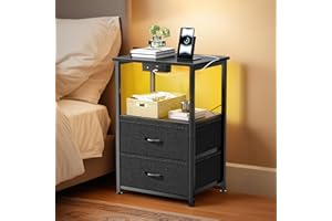 Klaus Kelsie Land Nightstand with Charging Station and LED Lights, Small Night Stand for Bedroom with Fabric Drawer and Storage Shelf, End Table with Waterproof Top, Easy Assembly, Black