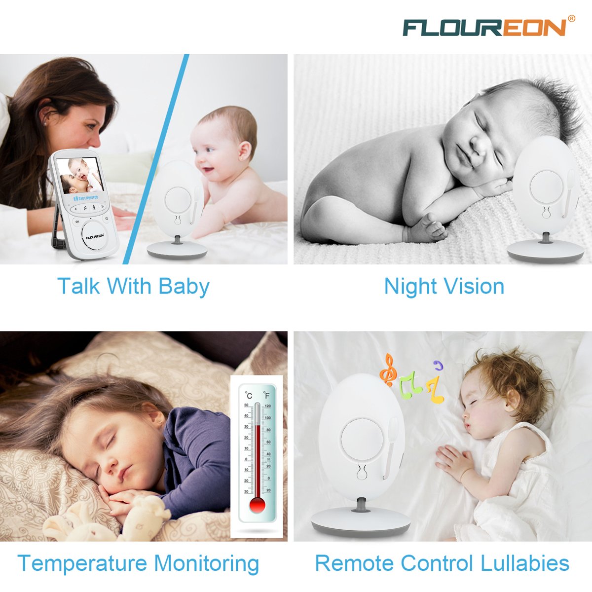 FLOUREON VB605-2.4\'\' monitor bebé digital inalámbrico, 2.4GHz LCD vídeo, cámara de seguridad, visualización de temperatura, diálogo bidireccional, visión nocturna