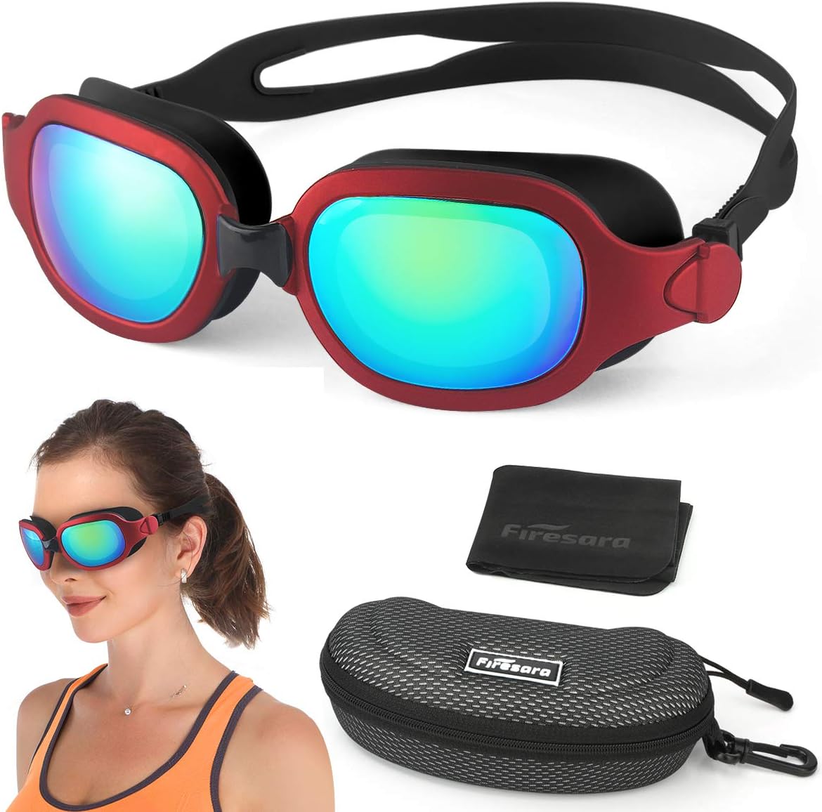 Firesara Swim Goggles, No Leaking Large Frame Wide View Pool for Women Men