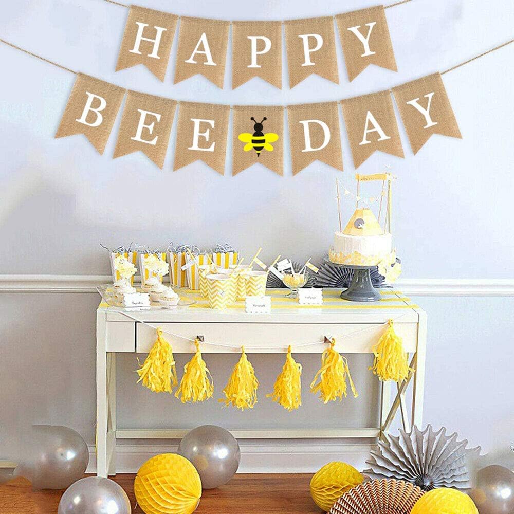 SWHATYW Burlap Happy Bee Day Banner Boy Girl Bumble Bee Themed Birthday Party Decoration, Light Brown, Yellow - Image 3