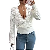 SOLY HUX Women's Lace Sweater V Neck Wrap Long Sleeve Crochet Knit Pullover Casual Jumper Tops