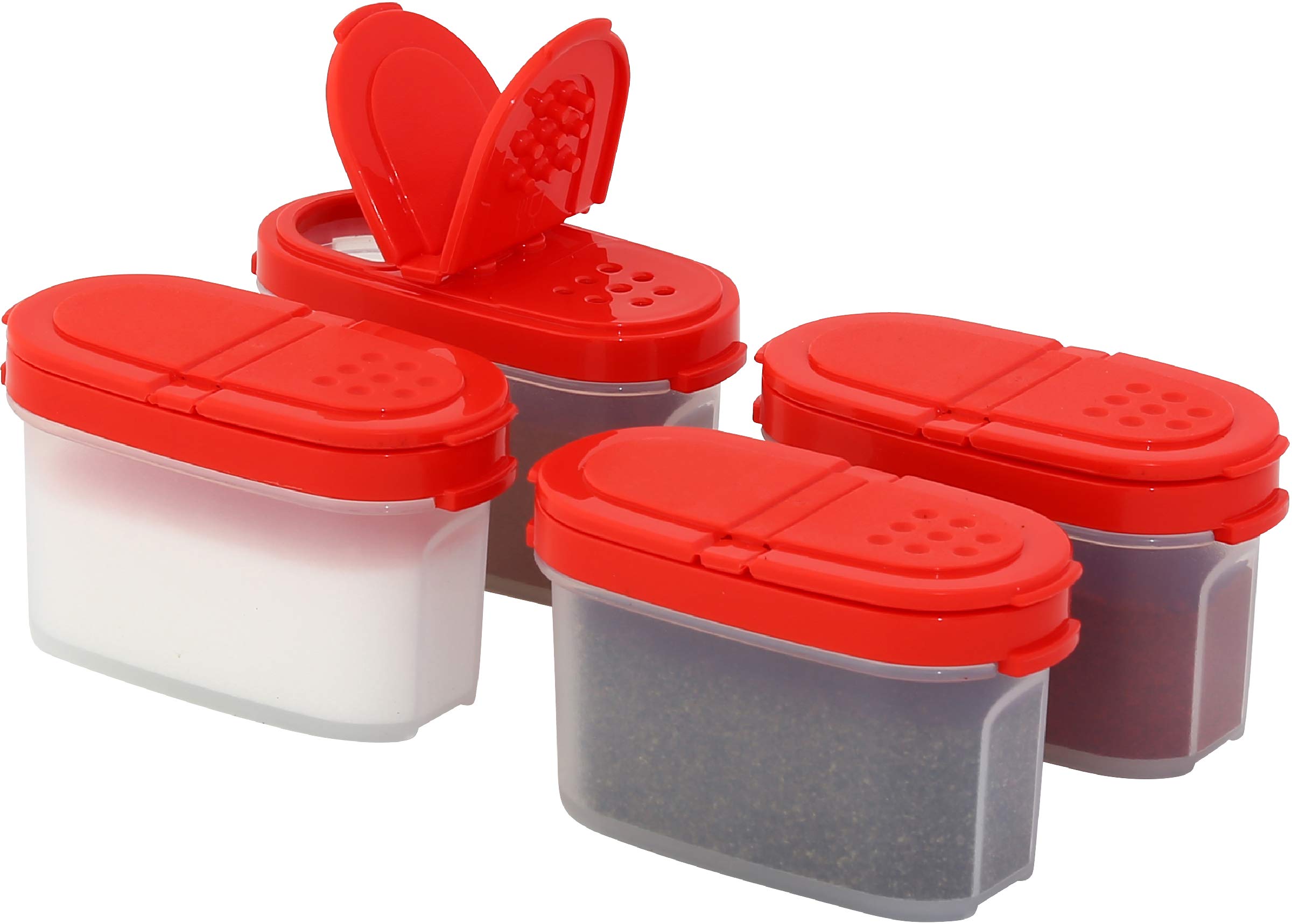 Plastic Spice Containers – Spice Jar Set of 4 Mini Spice Jars to Store Spices, Herbs, Marinade, Sugar, Salt, Pepper – Refillable Airtight Small Spice Jars with 2 Way Lids