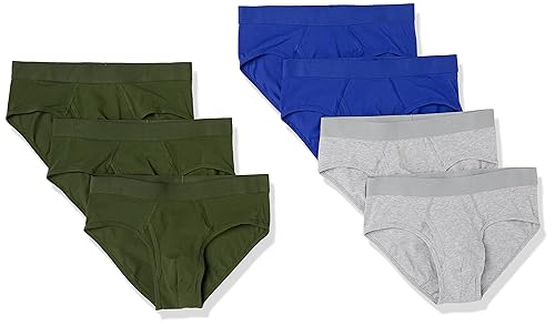 Amazon Essentials Men's Cotton Jersey Briefs, Pack of 7, Available in Big & Tall, Dark Olive/Royal Blue/Grey Heather, Large