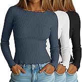 Neer 3 Pack Women's Long Sleeve Cotton Crop Tops Boat Neck Lettuce Trim Ribbed Shirts Slim Fit Casual Basic Tees(Black, White, Haze Blue,X-Large)