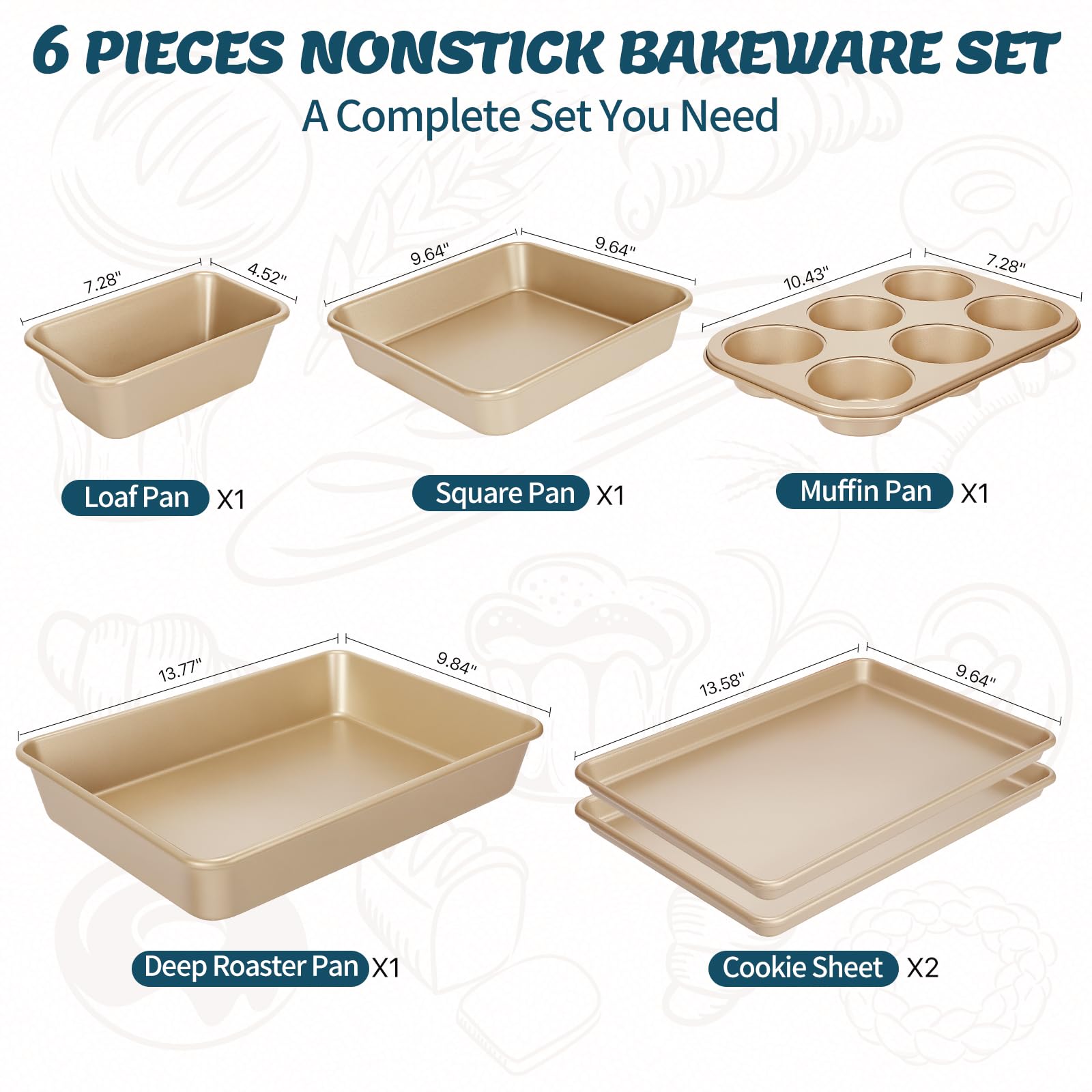 Baking Pans Set, Nonstick Stackable Bakeware Sets, Oven Pans for Cooking, AIVIKI 6 Pieces Baking Sheets Set Including Cookie Sheet, Deep Roaster Pan, Square Pan, Loaf Pan, Muffin Pan, Carbon Steel