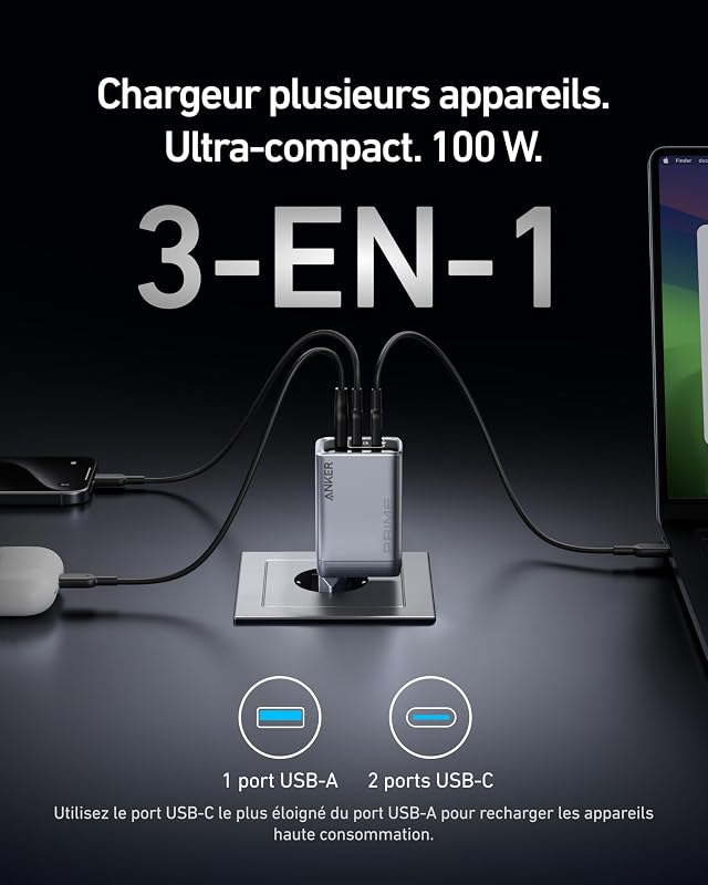 Prime Chargeur USB-C 100 W GaN, 3 Ports