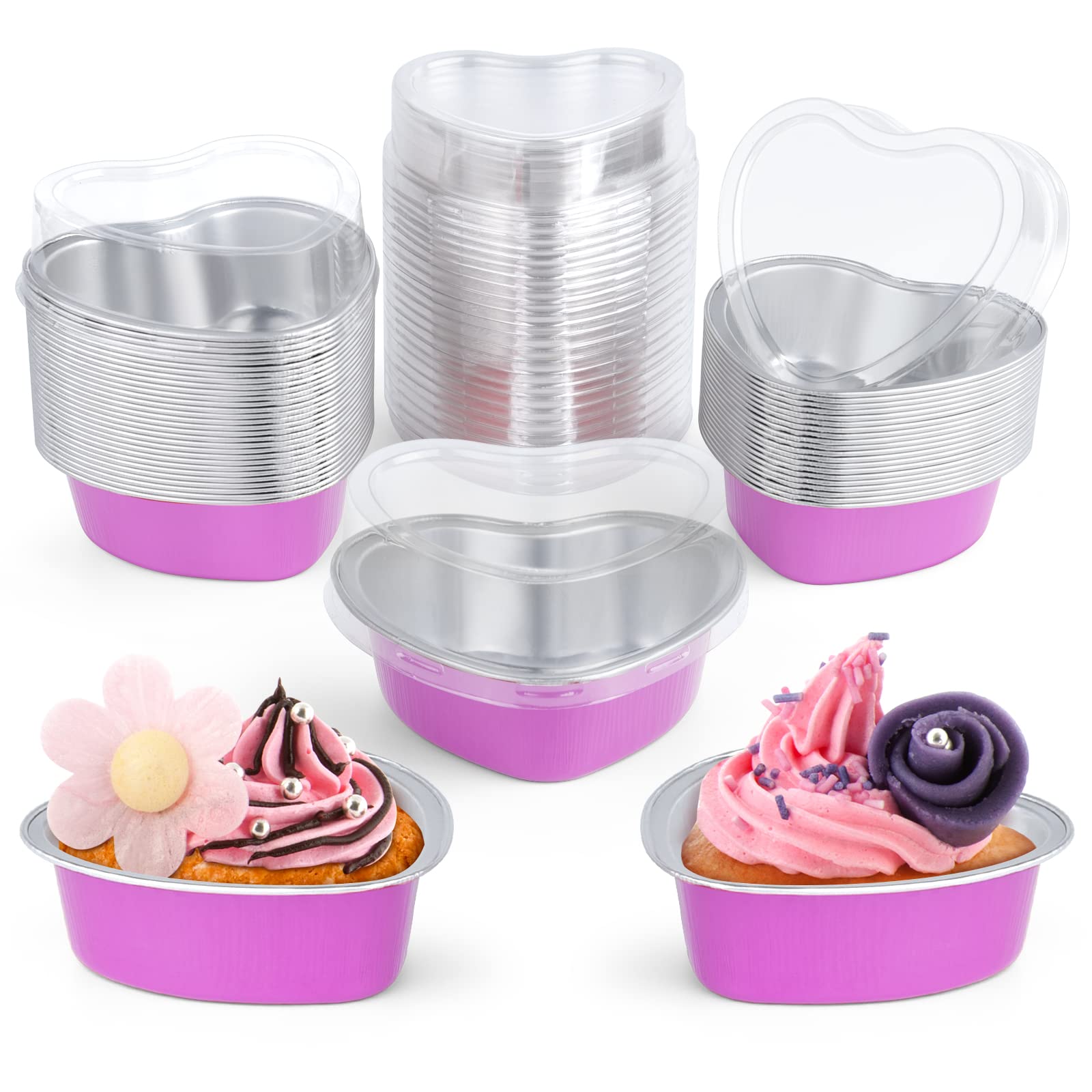 ELECLAND 50Set Pink Heart Cake Pans 100ml Aluminum Foil Heart Shaped Cake Pan with Lids Dessert Baking Cup Liners Cupcake Containers for Valentines Wedding Christmas Birthday Mother's Day Party Decor