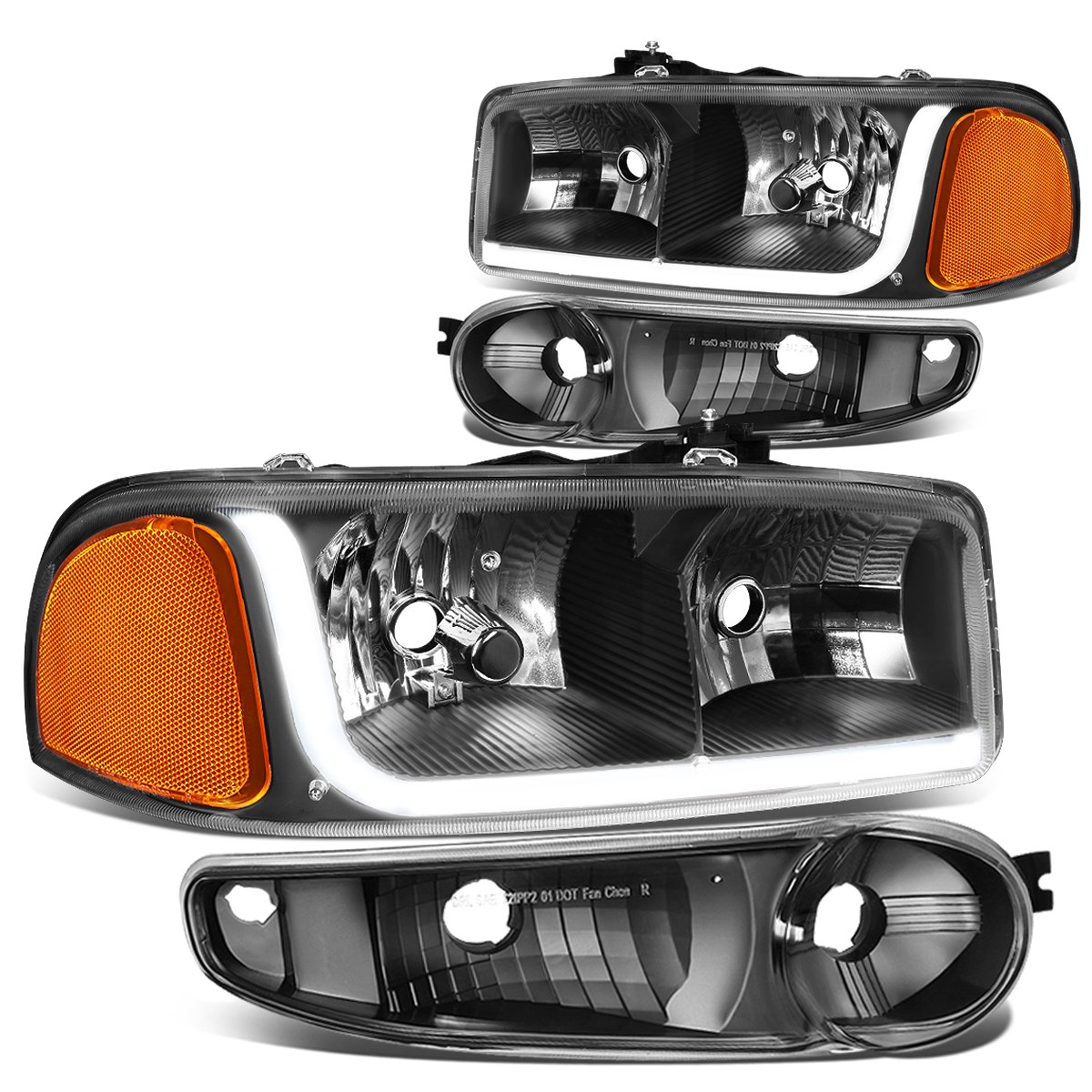 DNA MOTORING HL-LB-DAN99-BK-AM Black Amber LED DRL Strip Headlight Bumper Lamp Replacement For 02-06 Sierra Yukon Denali