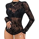 BIGFOX Women's See Through Bodysuit, Black Long Sleeve Lace Floral Mesh Leotard Shapewear Jumpsuit for Going Out, Club, Rave