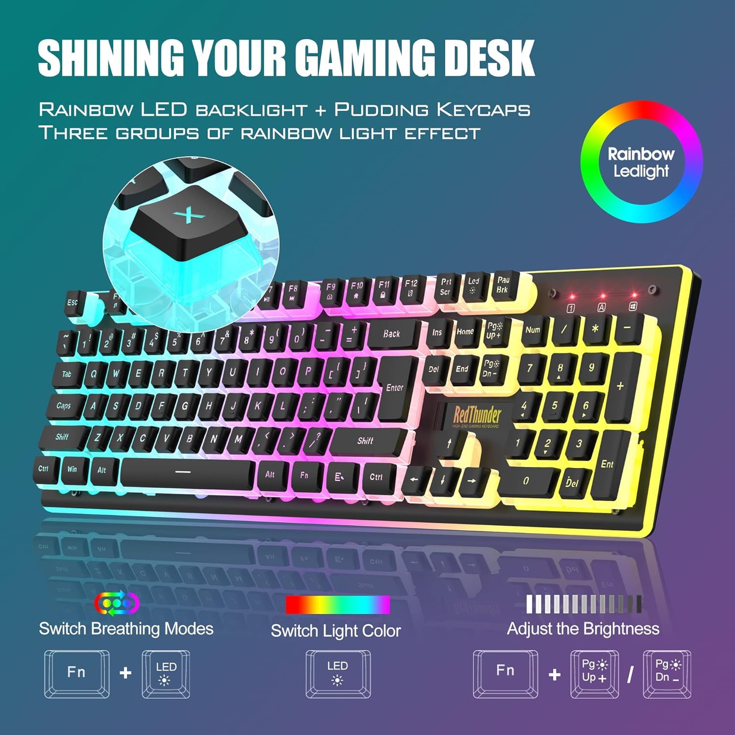 RedThunder K10 Wireless Gaming Keyboard and Mouse Combo, RGB Backlit Rechargeable 3800mAh Battery, Mechanical Feel Anti-ghosting Keyboard with Pudding Keycaps + 7D 3200DPI Mice for PC Gamer (Black)