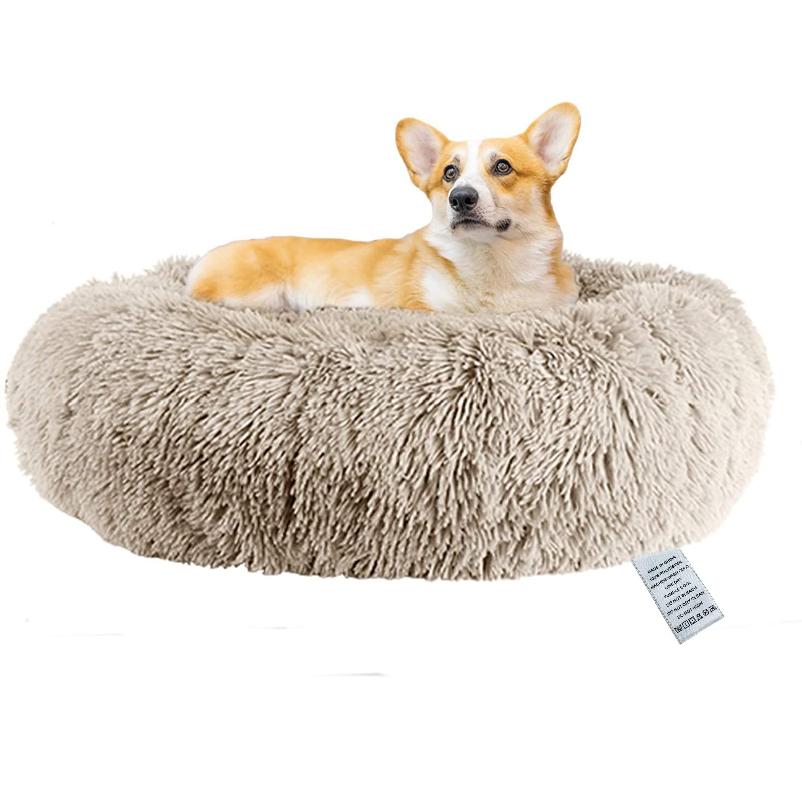 Fireowl Calming Dog Bed Large: 70cm Donut Anti-Anxiety Plush Cuddler, Soft Puppy Sofa, Cat Cushion, Machine Washable, Beige — image 1