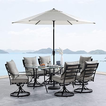 Amazon Com Hanover Lavdn7pcsw Slv Su Lavallette 7 Piece Silver Linings With 6 Swivel Rockers 66 X 38 Glass Top Table Umbrella And Base Outdoor Dining Set Garden Outdoor