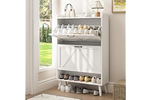 Sscaktu Shoe Storage Cabinet for Entryway, Hidden Shoe Rack Cabinet with 2 Flip Drawers, Narrow Slim Shoe Cabinet for Hallway, Free Standing Wooden Shoe Organizer Shoe Rack, White