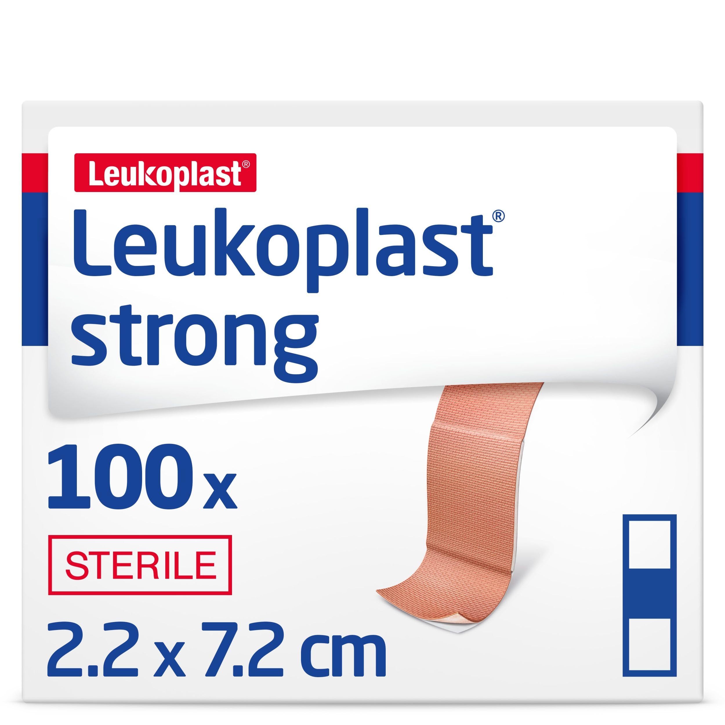 Leukoplast Strong - Sterile, Strong Adhesion, Absorbent, Breathable and Water-Repellent - Beige, 7.2 cm x 2.2 cm, Box of 100