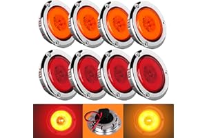 NEW SUN 8-Pack Premium 2.5 Inch Round LED Marker Lights, IP67 Waterproof, Halo & Neon Design, Stainless Chrome Bezel, Flange Mount for Utility Trailer, Camper, Truck, Pick-up, Boats, Red & Amber