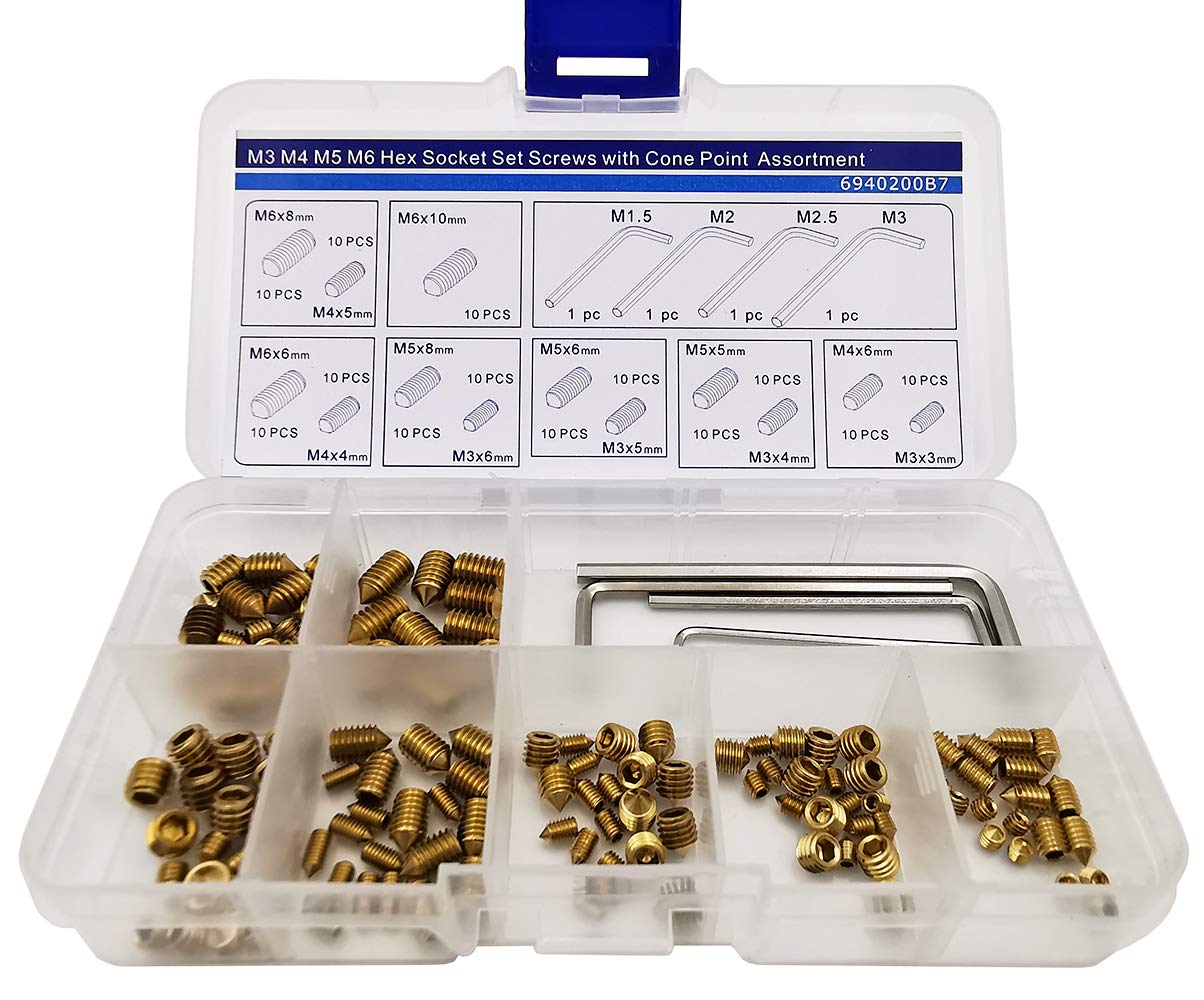 Hex Socket Set Screws Assortment Kit,Cone Piont,130 Pieces (Cone Point, Yellow)