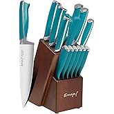 Emojoy Knife Set, 15-Piece Kitchen Knife Set with Block Wooden, Lake Blue Handle for Chef Knife Set, Kitchen Knives Sharpener