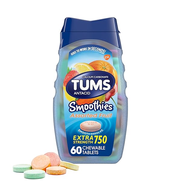 TUMS SMOOTHIES EXTRA STRENGTH ANTACID CHEWABLE TABLETS FOR HEARTBURN RELIEF, ASSORTED FRUIT – 60 COUNT (PACK OF 1)