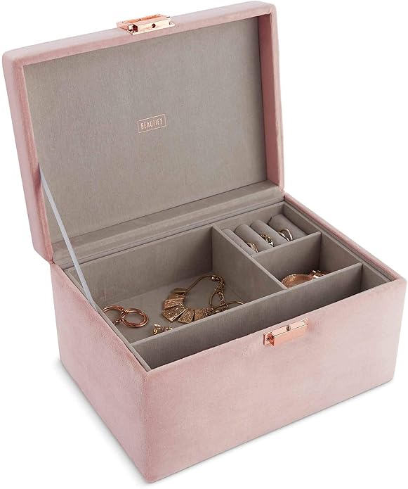 Beautify Blush Pink Velvet Jewellery Box Fabric Storage Organiser Ring